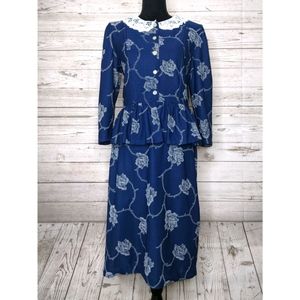 vintage 1980s floral peplum peter pan collar top & skirt set